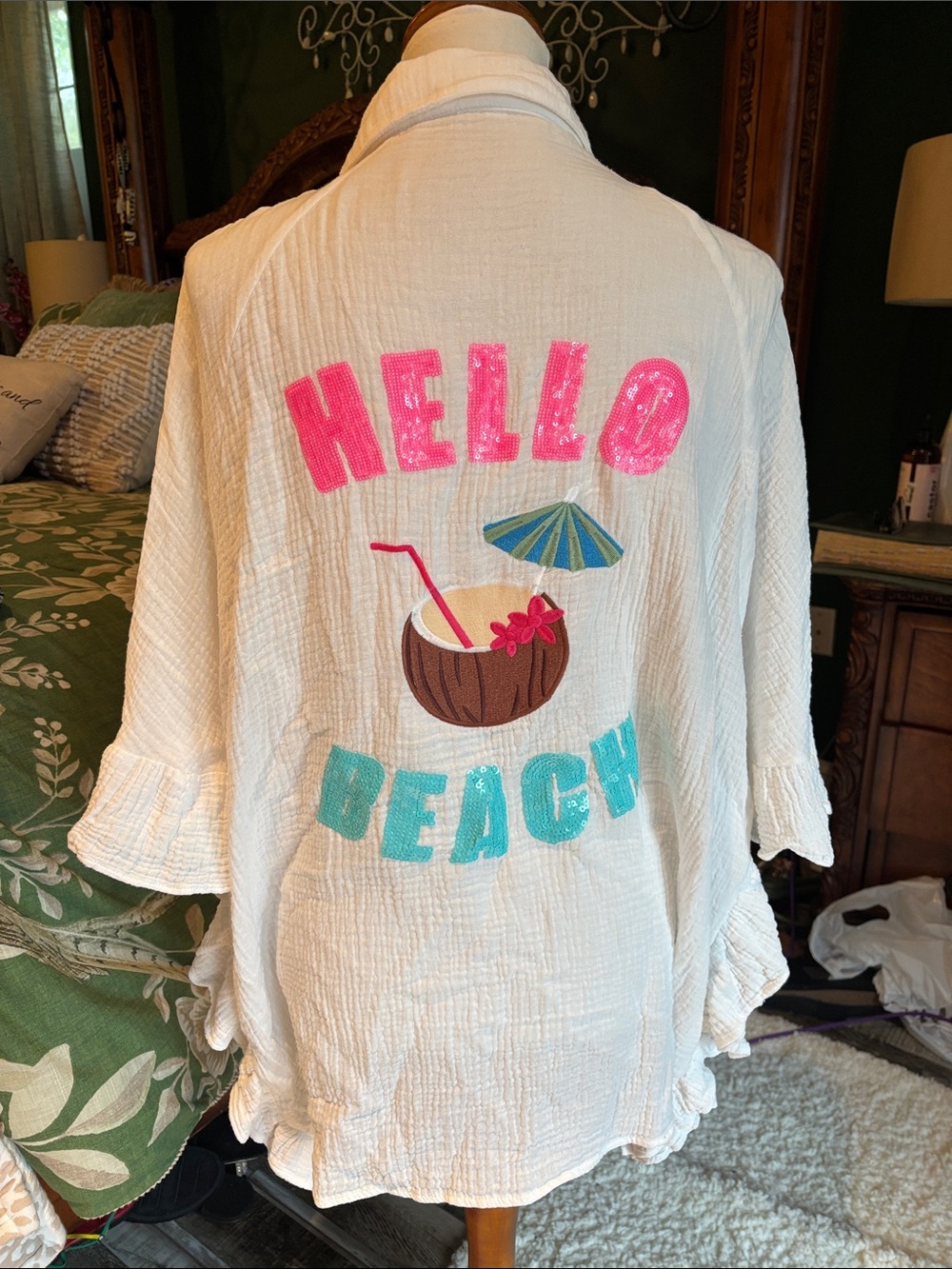 White Beach Cover-Up with Pink & Teal 'Hello Beach' Embroidery